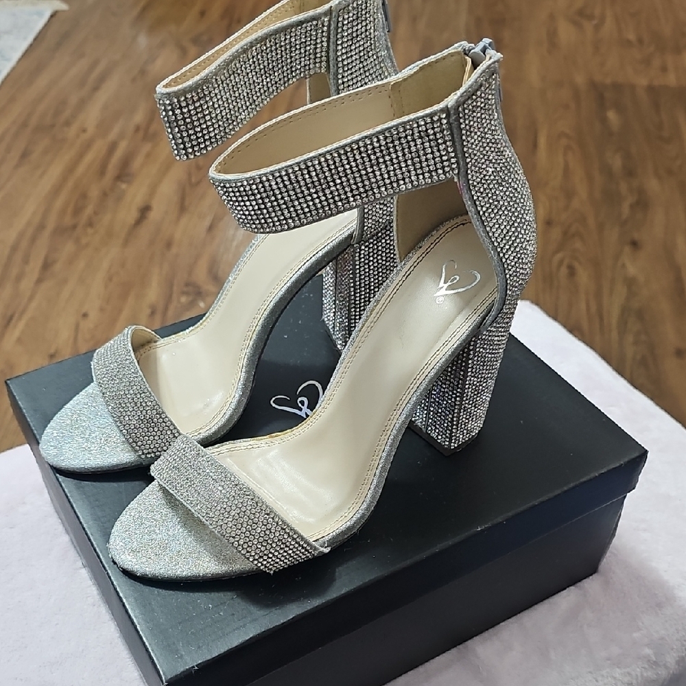 Windsor Silver Glitter Heels with Chunky Block Heel